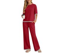 PrinStory Pyjamas For Women UK Summer Short Sleeve Pyjamas Crew Neck Nightwear Colour Clashing Side Split Loungewear Sets (Wine Red, L)