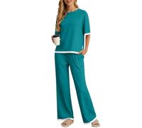 PrinStory Pyjamas For Women UK Summer Short Sleeve Pyjamas Crew Neck Nightwear Colour Clashing Side Split Loungewear Sets (Emerald Blue, L)