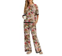 PrinStory Pyjamas For Women UK Summer Short Sleeve Pyjamas Crew Neck Nightwear Colour Clashing Side Split Loungewear Sets (Fp-Black Daisies, M)