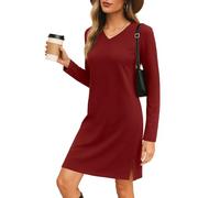 PrinStory Red Dress for Women UK Winter Long Sleeve Pullover Mididress with Side Pocket Knee Length Regular Fit Jumper Dress Warm (Wine Red, XL)