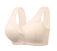PrinStory Ribbed Cotton Bras For Women Front Fastening Wireless Snap Closing Comfort Ladies Bras For The Elderly (Apricot, 36C)