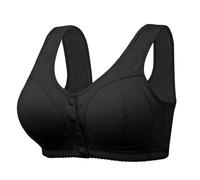 PrinStory Ribbed Cotton Bras For Women Front Fastening Wireless Snap Closing Comfort Ladies Bras For The Elderly (Black, 42B)