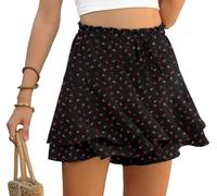 PrinStory Ruffle Shorts for Women High Waist Flowy Shorts Drawstring Skort Casual Summer Skort Wide Leg Culottes (Black Lantern Berries, 2XL)