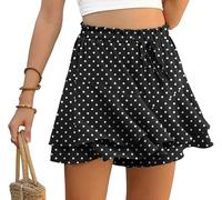 PrinStory Ruffle Shorts for Women High Waist Flowy Shorts Drawstring Skort Casual Summer Skort Wide Leg Culottes (Polka Dots White Black, L)