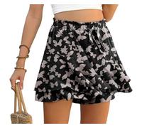 PrinStory Ruffles Shorts For Women High Waist Flowy Shorts Drawstring Skort Casual Summer Skort Wide Leg Culottes (Black Butterfly, XL)