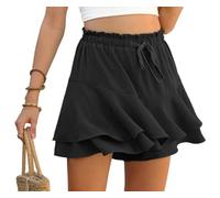 PrinStory Ruffles Shorts For Women High Waist Flowy Shorts Drawstring Skort Casual Summer Skort Wide Leg Culottes (Black, L)