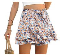 PrinStory Ruffles Shorts For Women High Waist Flowy Shorts Drawstring Skort Casual Summer Skort Wide Leg Culottes (White Primrose, 2XL)