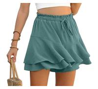 PrinStory Ruffles Shorts For Women High Waist Flowy Shorts Drawstring Skort Casual Summer Skort Wide Leg Culottes (Aqua Sea Green, XL)