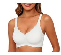 PrinStory Seamless Bras For Women Push Up Non Wired Bralettes For Women With Support Full Coverage V Neck Wireless Padded Ladies Bra (White, L)