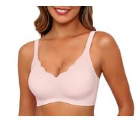 PrinStory Seamless Bras For Women Push Up Non Wired Bralettes For Women With Support Full Coverage V Neck Wireless Padded Ladies Bra (Pink, L)