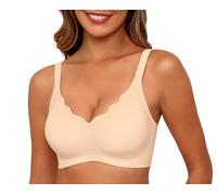 PrinStory Seamless Bras For Women Push Up Non Wired Bralettes For Women With Support Full Coverage V Neck Wireless Padded Ladies Bra (Beige, L)