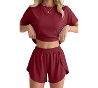 PrinStory Short Pyjamas For Women Short Sleeve Pyjama Sets Crew Neck Pajamas Side Split Loungewear Tops And Bottom Soft Nightwear (Wine Red, M)