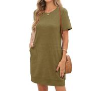 PrinStory Short Sleeve Summer Dresses For Women Causal Basic Tshirt Mini Dress With Side Pockets Beach Holidays (Moss Green,L)