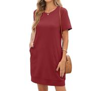 PrinStory Short Sleeve Summer Dresses for Women Causal Basic Tshirt Mini Dress with Side Pockets Beach Holidays (Wine Red,S)