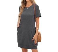PrinStory Short Sleeve Summer Dresses For Women Causal Basic Tshirt Mini Dress With Side Pockets Beach Holidays (Dark Gray,L)
