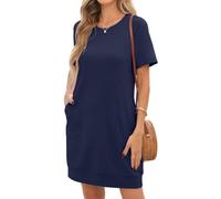 PrinStory Short Sleeve Summer Dresses For Women Causal Basic Tshirt Mini Dress With Side Pockets Beach Holidays (Navy Blue,S)