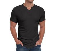 PrinStory Short Sleeves T Shirts For Men V Neck Stripe Henley Tshirt Basic Slim Fit Casual Tee Shirt Summer Men Tops (Black,XXL)