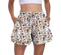 PrinStory Shorts for Women Summer Elastic Waist Ladies Shorts Casual Drawstring Skort with Pockets (White Primrose, M)