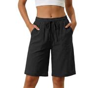 PrinStory Shorts for Women UK Knee Length Bermuda Shorts Casual High Waisted Trousers Summer Loose Pant with Pockets Lightweight (Black, S)