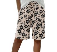 PrinStory Shorts for Women UK Summer Bermuda Shorts Knee Length Pant High Waisted Trousers with Pockets (Khaki Black Flower, 3XL)