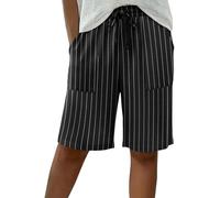 PrinStory Shorts for Women UK Summer Bermuda Shorts Knee Length Pant High Waisted Trousers with Pockets (Black Stripes, L)