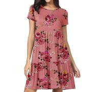 PrinStory Summer Dresses For Women UK Crew Neck Short Sleeve A-Line Swing Dress Casual Holiday Beach (Pink Rose, XL)