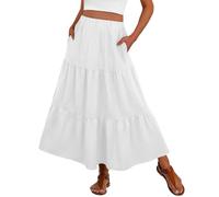 PrinStory Summer Maxi Skirts for Women UK Elasticated Waist Boho Flowy Tiered Ladies Long Beach Skirt with Pocket UK 18-20 (White, XL)
