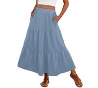 PrinStory Summer Maxi Skirts for Women UK Elasticated Waist Boho Flowy Tiered Ladies Long Beach Skirt with Pocket UK 18-20 (Blue, XL)