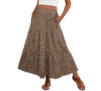 PrinStory Summer Maxi Skirts for Women UK Elasticated Waist Boho Flowy Tiered Ladies Long Beach Skirt with Pocket UK 18-20 (Khaki Black Flower, XL)