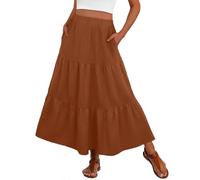 PrinStory Summer Maxi Skirts for Women UK Elasticated Waist Boho Flowy Tiered Ladies Long Beach Skirt with Pocket UK 18-20 (Rust, XL)