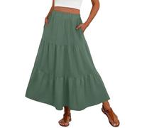 PrinStory Summer Maxi Skirts for Women UK Elasticated Waist Boho Flowy Tiered Ladies Long Beach Skirt with Pocket UK 18-20 (Green, XL)