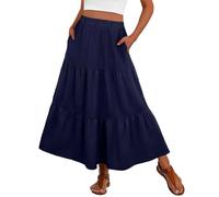 PrinStory Summer Maxi Skirts for Women UK Elasticated Waist Boho Flowy Tiered Ladies Long Beach Skirt with Pocket UK 18-20 (Navy Blue, XL)