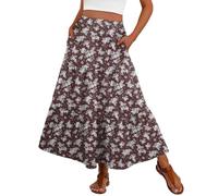 PrinStory Summer Maxi Skirts for Women UK Elasticated Waist Boho Flowy Tiered Ladies Long Beach Skirt with Pocket UK 18-20 (Brown Flower, XL)
