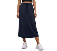 PrinStory Summer Midi Skirts for Women UK Casual Elasticated Waist Adjustable Drawstring Skirt with Pockets and Back Slit (Navy Blue, L)