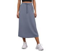 PrinStory Summer Midi Skirts for Women UK Casual Elasticated Waist Adjustable Drawstring Skirt with Pockets and Back Slit (Gray Blue, L)