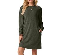 PrinStory Sweater Dress Winter for Women UK Long Sleeve Round Neck Pullover Dress with Side Pocket (Army Green, XL)