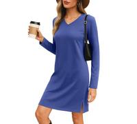 PrinStory Sweater Dresses for Women UK Long Sleeve Pullover Mididress with Side Pocket Knee Length Regular Fit Jumper Dress Warm (Blue, XXL)