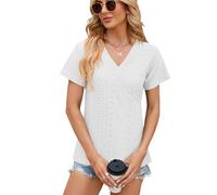 PrinStory T Shirt Women Casual V-Neck T Shirts For Women Uk Short Sleeve Solid Color Tshirts For Women Eyelet Embroidery Women's T-Shirts (White, XXL)