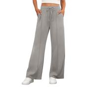 PrinStory Trousers for Women Elasticated Waist Straight Leg Stretch Yoga Pants Casual Drawstring Office Work Trousers with Pockets (Light Grey, L)