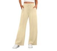 PrinStory Trousers for Women Elasticated Waist Straight Leg Stretch Yoga Pants Casual Drawstring Office Work Trousers with Pockets (Beige, L)