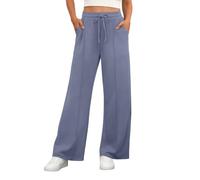 PrinStory Trousers for Women Elasticated Waist Straight Leg Work Trousers Pull On Casual Drawstring Stretch Yoga Pants with Pockets (Haze Blue, L)