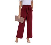 PrinStory Trousers For Women UK Elasticated Waist Lightweight Summer Pants Causal Wide Leg Palazzo Trousers Beach Work (Wine Red, M)