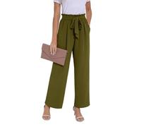 PrinStory Trousers For Women UK Elasticated Waist Lightweight Summer Pants Causal Wide Leg Palazzo Trousers Beach Work (Army Green, L)