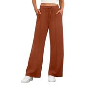 PrinStory Trousers Women Elasticated Waist Straight Leg Stretch Yoga Pants Casual Drawstring Office Work Trousers with Pockets (Rust Red, L)