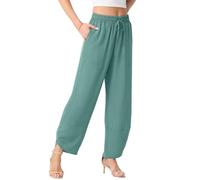PrinStory Wide Leg Trousers For Women Uk Drawstring Elastic Waist Trousers Summer Lightweight Pants Loose Pants With Pockets (Aqua Green, L)