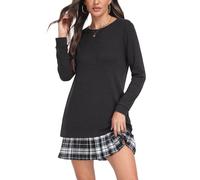 PrinStory Winter Dresses for Women UK Long Sleeve Top Crew Neck Ladies Mini Dress with Pleated Skirt UK 14-16 (Dark Grey, L)