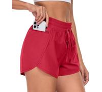 PrinStory Women 2 in 1 Running Shorts Side Split High Waist Drawstring Gym Shorts with Phone Pocket Cycling Sport (Red, L)