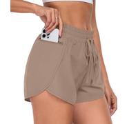 PrinStory Women 2 in 1 Running Shorts Side Split High Waist Drawstring Gym Shorts with Phone Pocket Cycling Sport (Khaki, M)