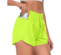 PrinStory Women 2 in 1 Running Shorts Side Split High Waist Drawstring Gym Shorts with Phone Pocket Cycling Sport (Neon Green, XL)