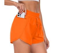 PrinStory Women 2 in 1 Running Shorts Side Split High Waist Drawstring Gym Shorts with Phone Pocket Cycling Sport (Orange, XS)